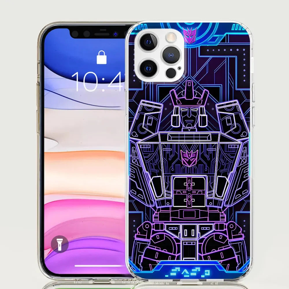 Coque iPhone noire et violette motif robot Decepticon stylisé, design futuriste – Transformers.