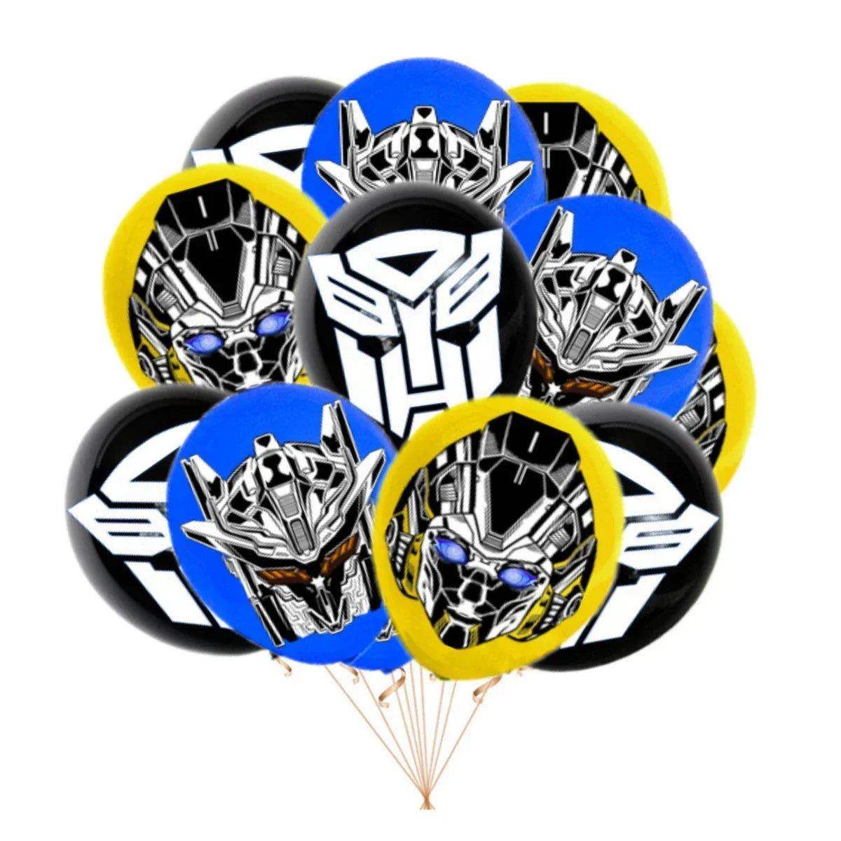 Bouquet de ballons Transformers avec visages de robots et logo, couleurs noir, bleu, jaune – Transformers.