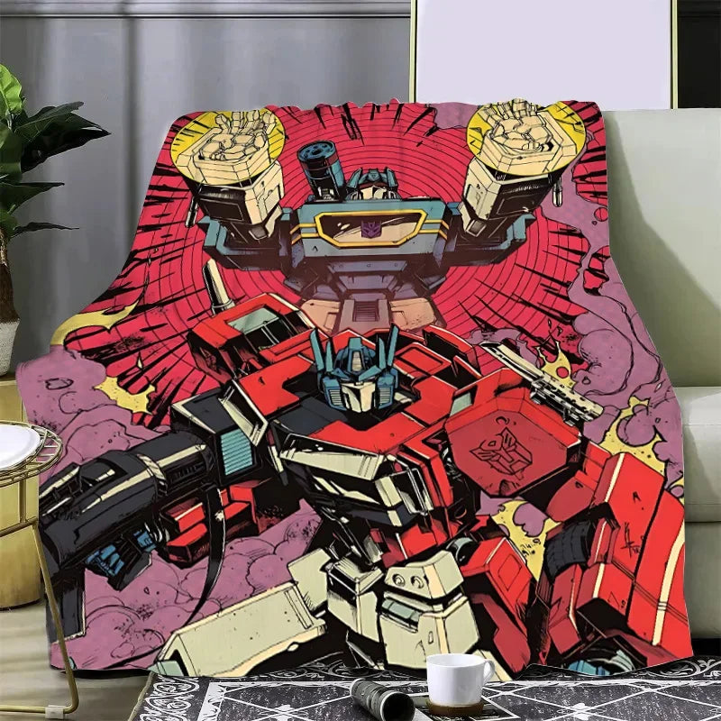 Plaid Transformers avec deux robots, décor fumée violette, style bande dessinée – Transformers.