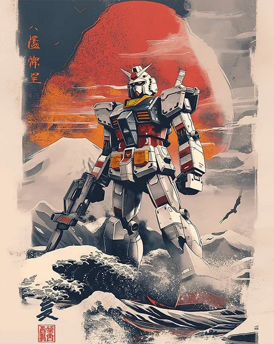 Affiche robot géant debout, arme en main, devant un soleil rouge, montagne et vagues – Transformers.