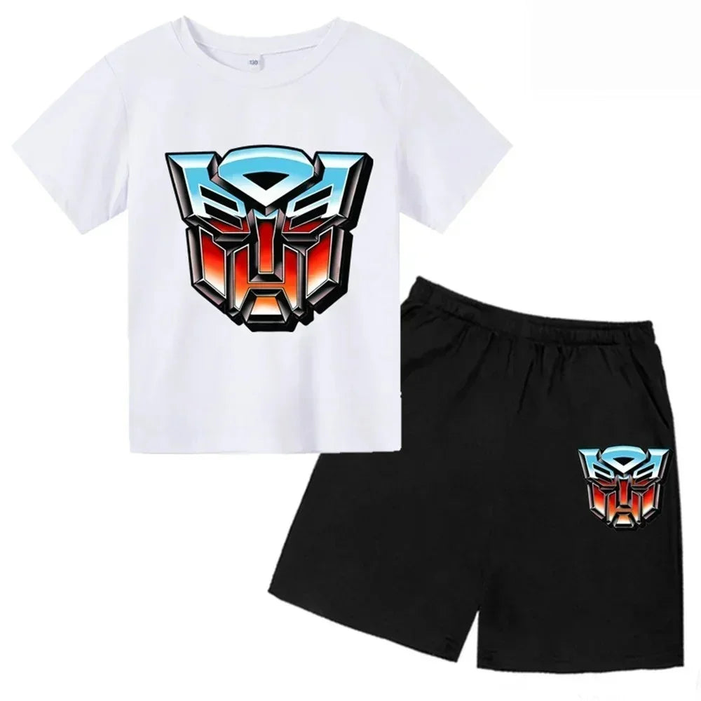Ensemble t-shirt blanc et short noir avec logo coloré Autobot sur fond uni – Transformers.