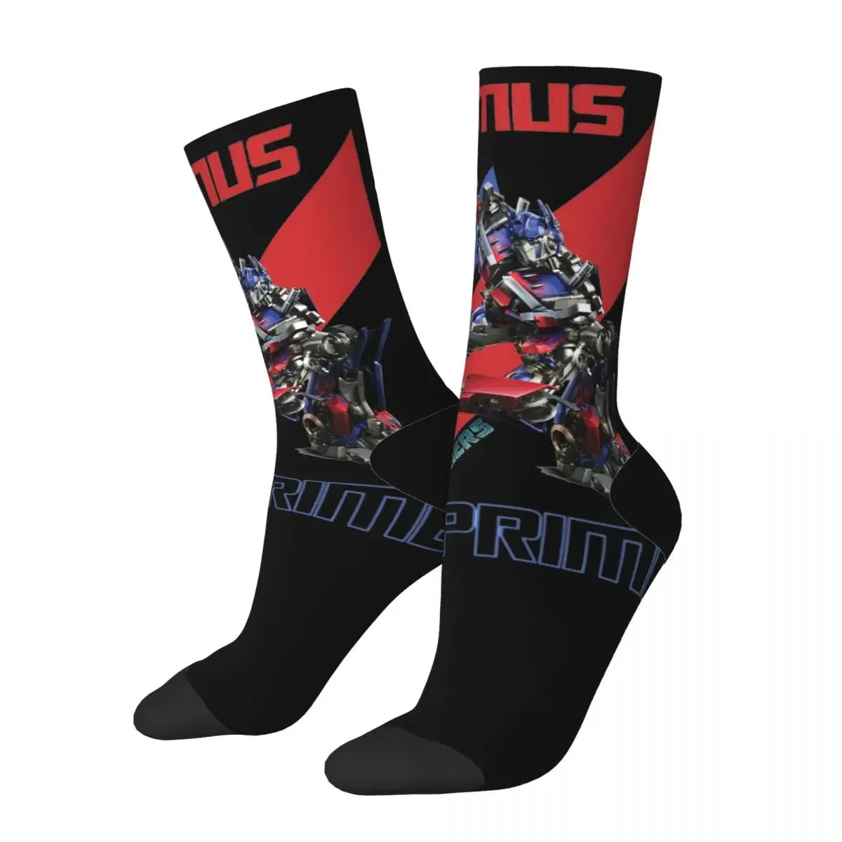 Chaussettes noires Optimus Prime avec robot coloré, décor rouge, style graphique – Transformers.