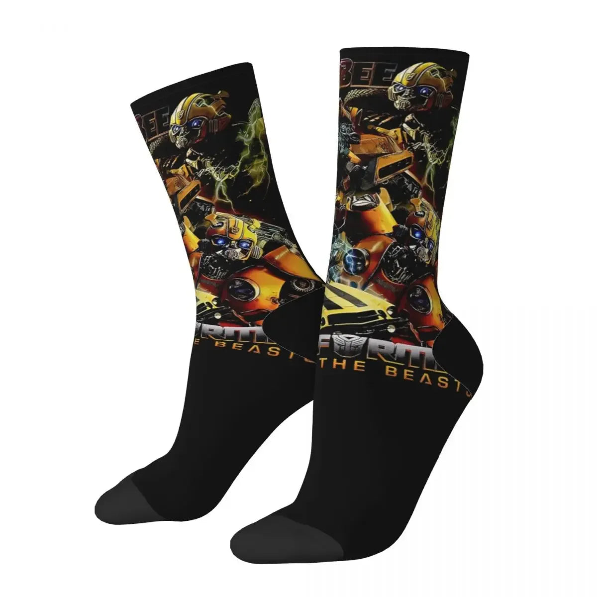 Chaussettes noires avec design coloré de Bumblebee, motifs jaunes et logo – Transformers.