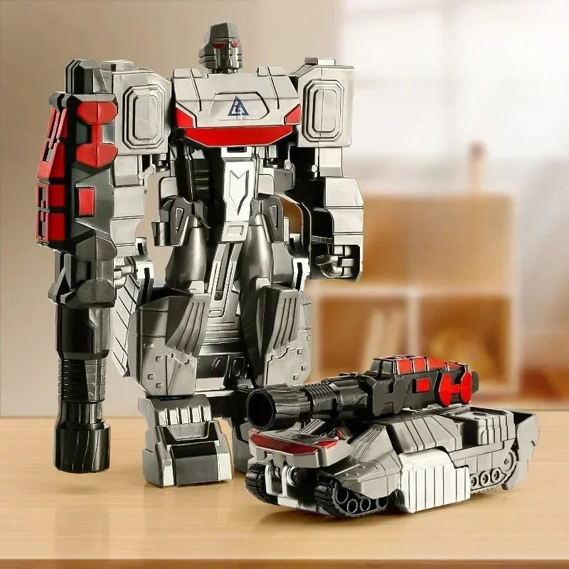 Jouet robot Megatron gris et rouge transformable en tank, posé sur une table, intérieur moderne – Transformers.