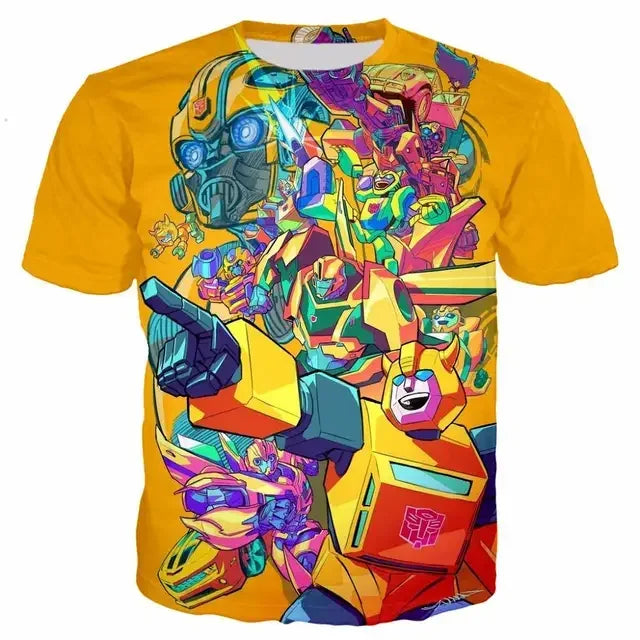 T-shirt jaune avec personnage robot stylisé, pose dynamique, couleurs vives, décor futuriste – Transformers.