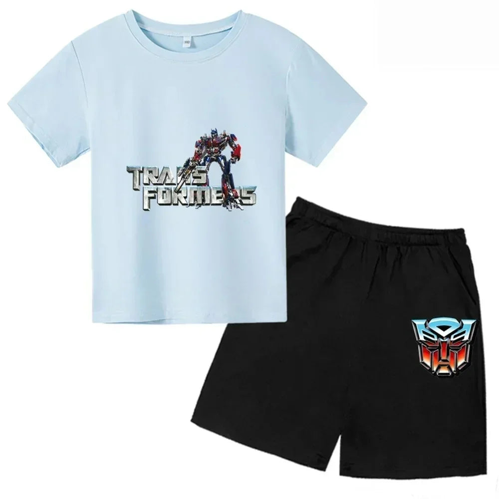 Ensemble t-shirt bleu clair et short noir avec Optimus Prime et logo Autobots – Transformers.
