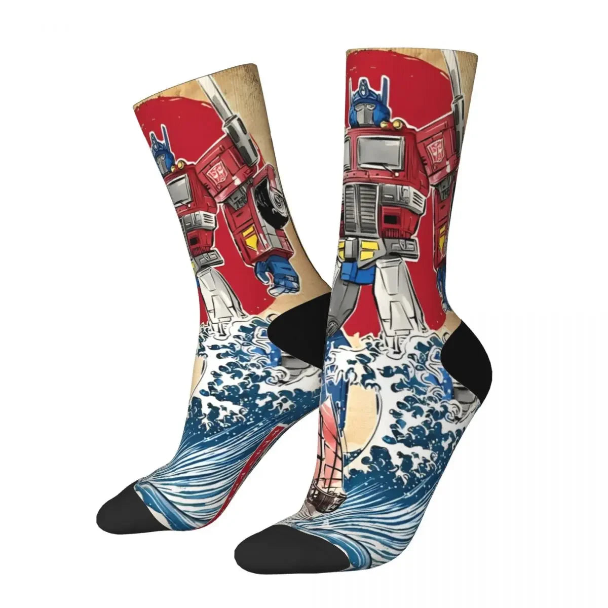 Chaussettes à motif Optimus Prime debout sur des vagues, fond rouge, style graphique – Transformers.