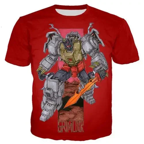 T-shirt rouge avec Grimlock robot brandissant une épée orange sur fond rouge stylisé – Transformers.