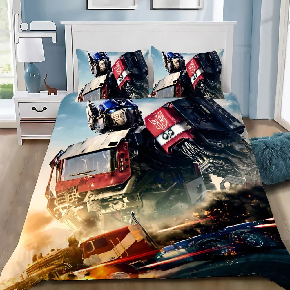 Parure de lit avec Optimus Prime en posture dynamique, fond explosif, couleurs vives – Transformers.