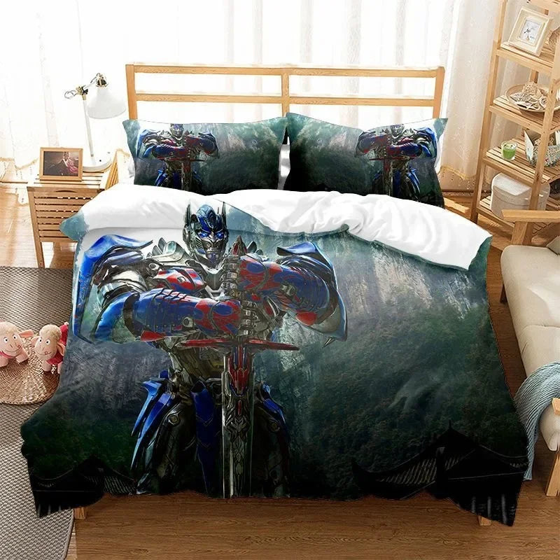 Parure de lit Transformers avec Optimus Prime armure bleue et rouge, motif épée, décor forêt – Transformers.