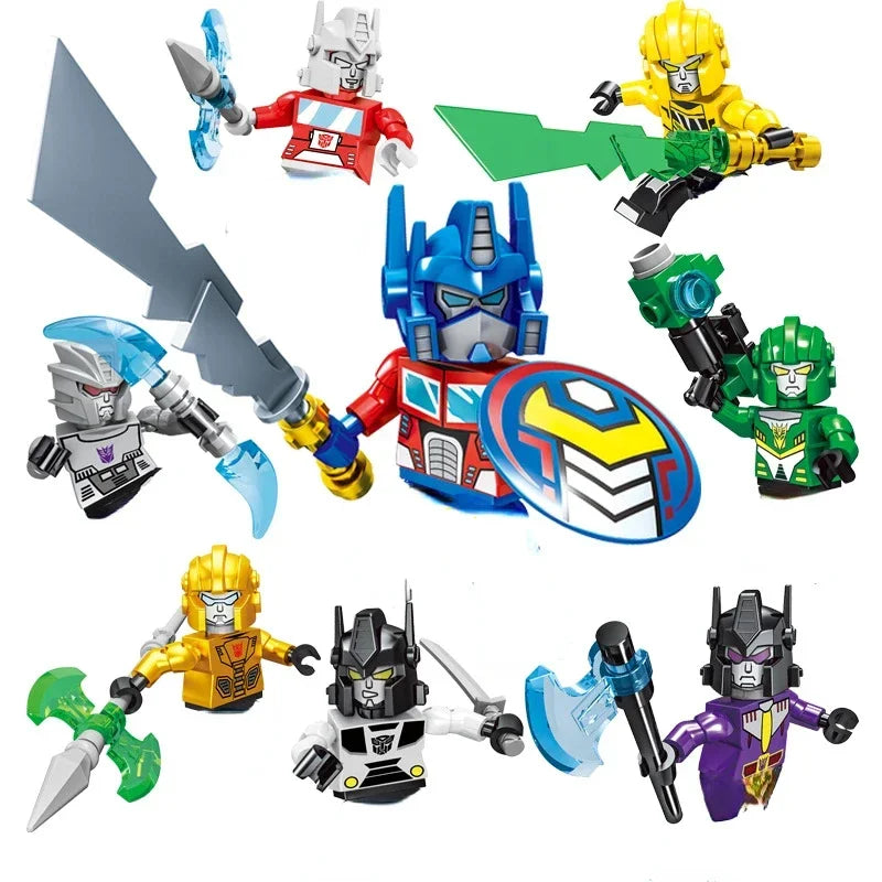 Figurines robots Transformers style LEGO, armes colorées, personnages dynamiques en action – Transformers.