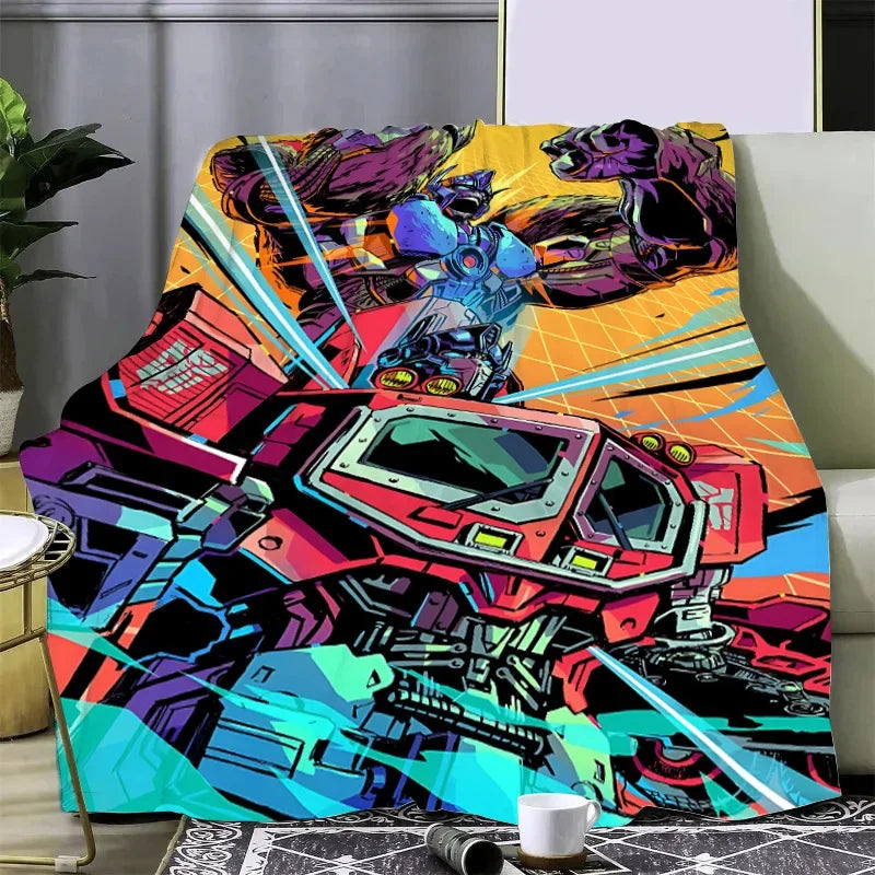 Plaid décoratif avec robot Optimus Prime rouge stylisé, ton vif, décor géométrique – Transformers.