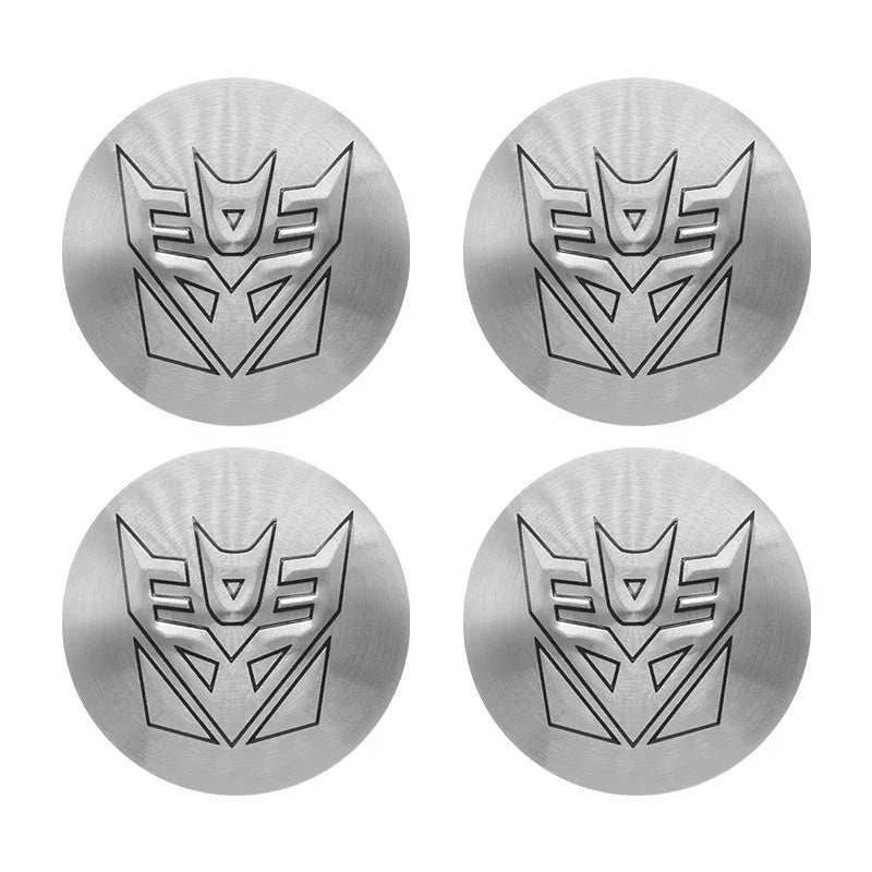Lot de 4 caches moyeux argentés logo Decepticon gravé en rond métallique – Transformers.