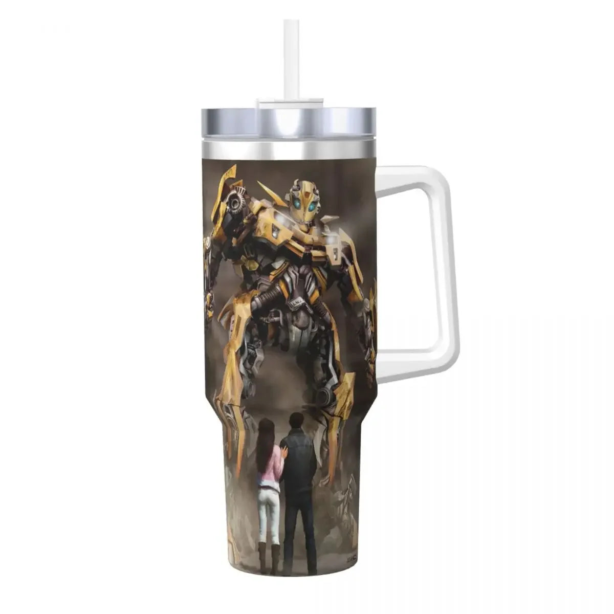 Gourde illustrée avec Bumblebee jaune, deux humains de dos, fond sombre et style futuriste – Transformers.