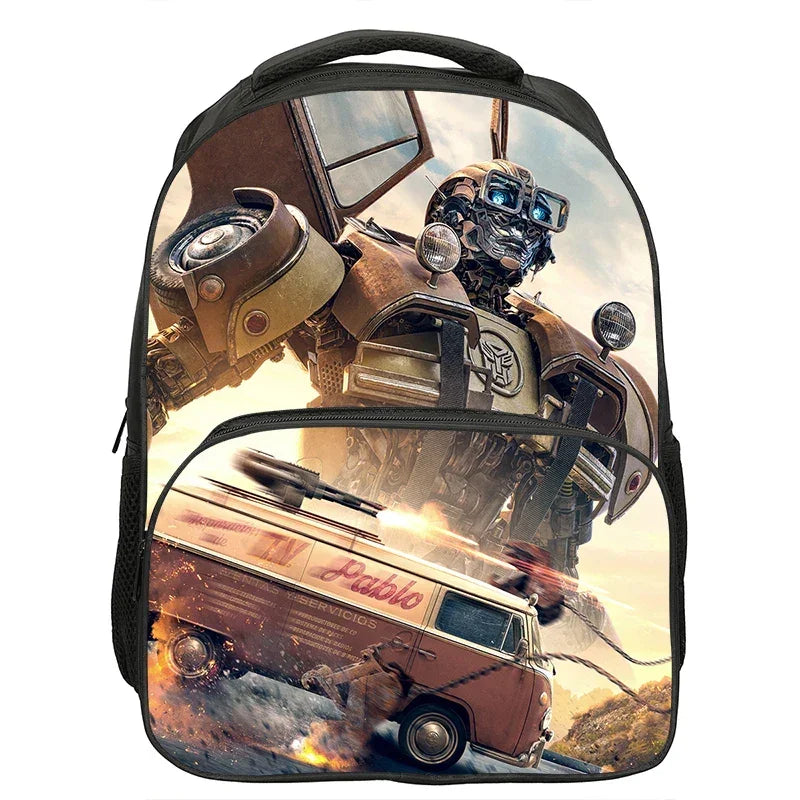 Sac à dos enfant Bumblebee, robot jaune debout avec van Volkswagen, décor explosif – Transformers.