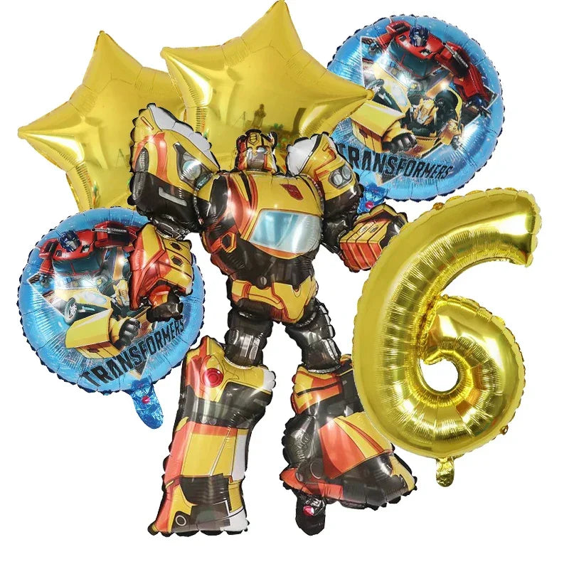 Bouquet de ballons Transformers avec robot jaune, étoiles dorées, chiffre 6 et ballons ronds – Transformers.
