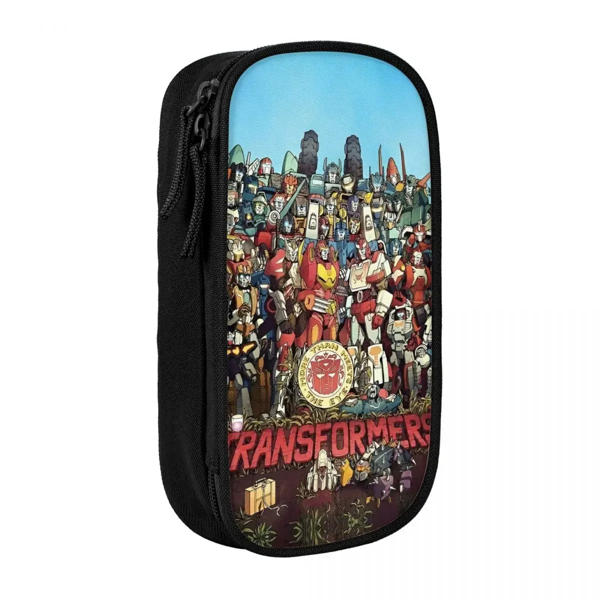 Trousse noire avec illustration colorée de robots Autobots en groupe sur fond bleu – Transformers.