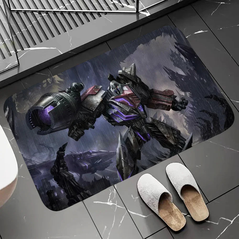 Tapis de bain décoratif avec robot Megatron, style sombre, tons gris et violets – Transformers.
