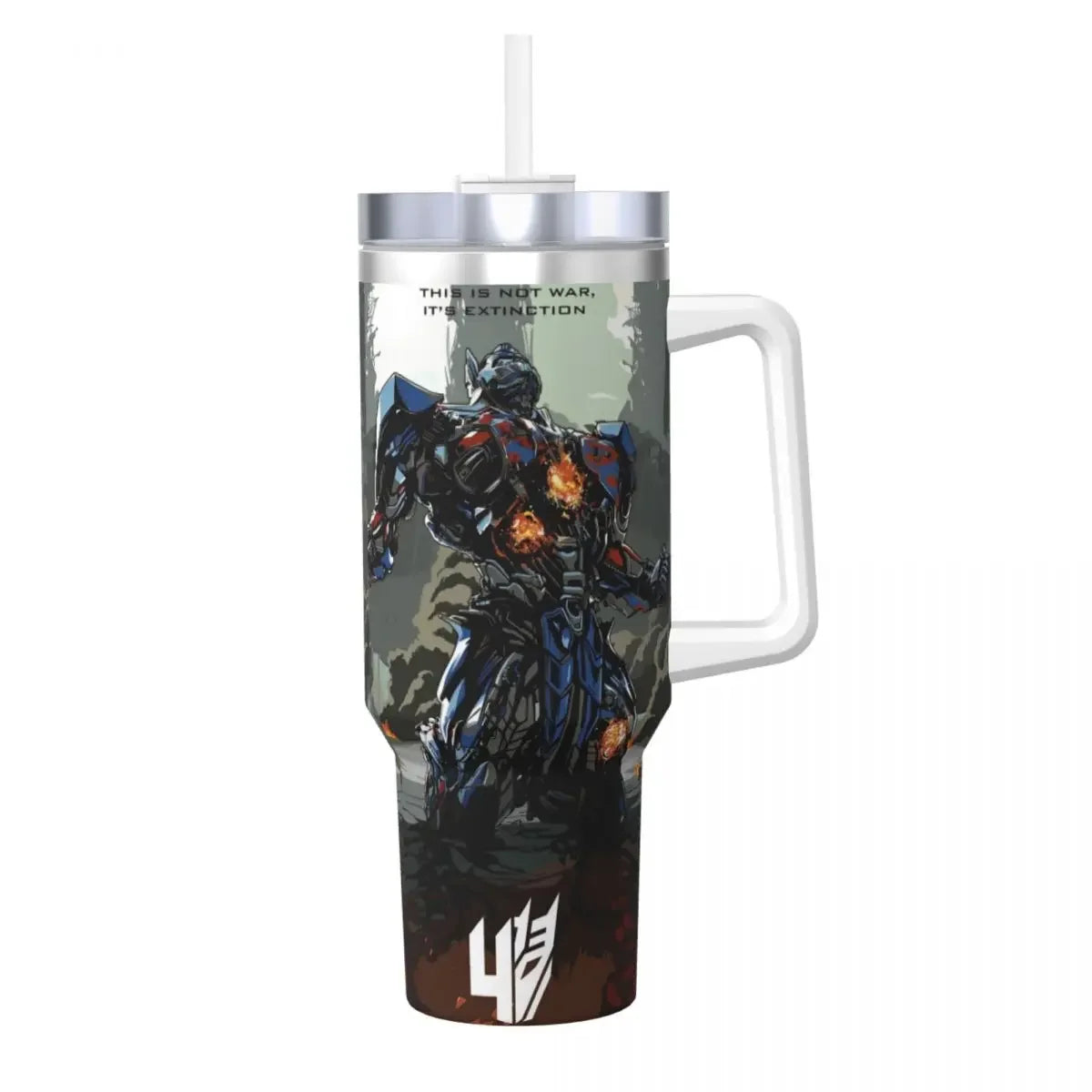 Tasse isotherme avec Optimus Prime debout, détails bleus et rouges, ambiance sombre – Transformers.
