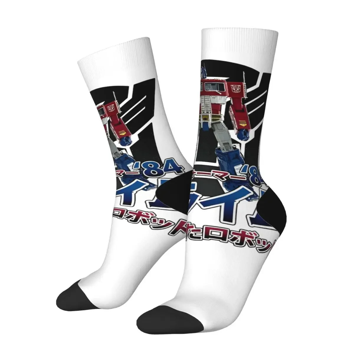 Chaussettes blanches imprimées Optimus Prime avec logo noir et lettres colorées – Transformers.