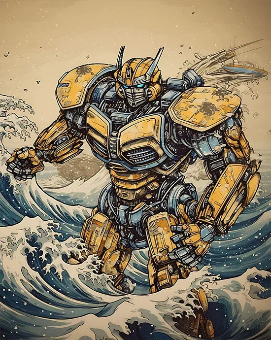 Robot jaune type figurine Bumblebee marchant dans des vagues, style dessin animé – Transformers.