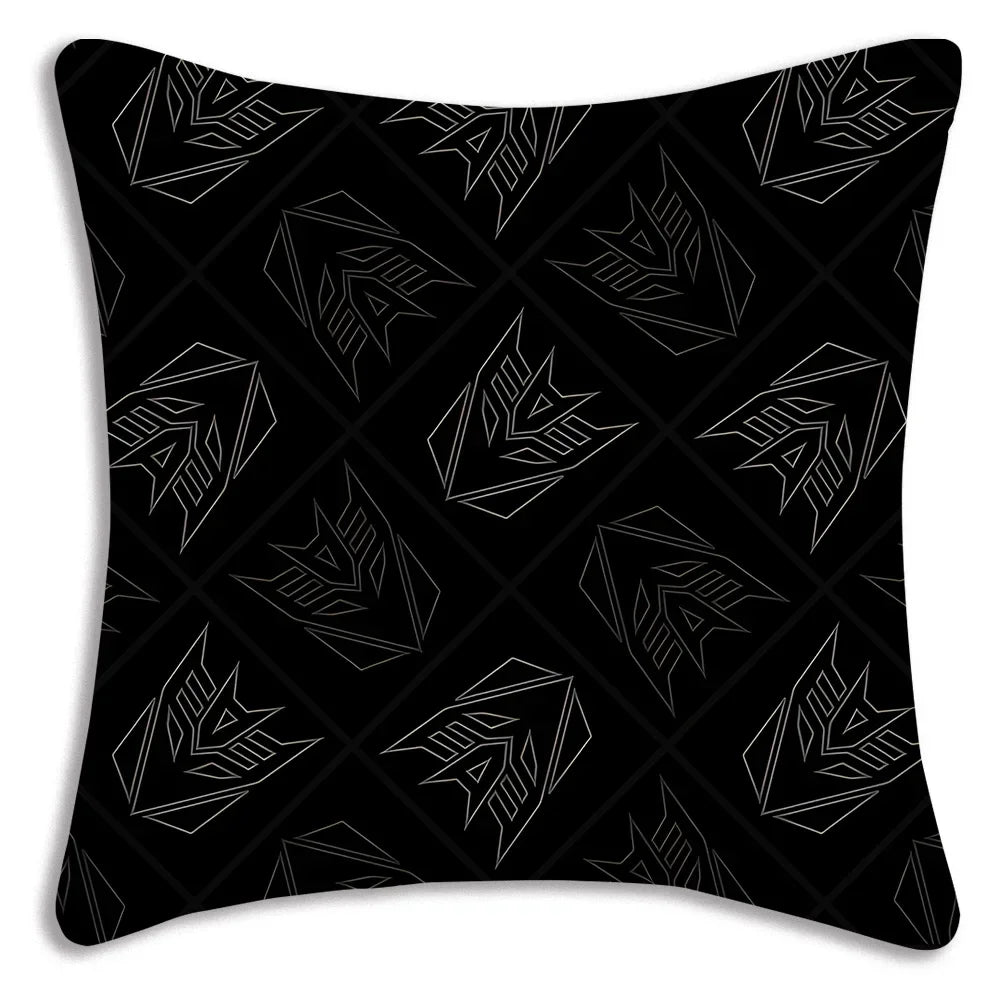 Coussin noir motifs logo Decepticon argentés, design géométrique, style moderne – Transformers.