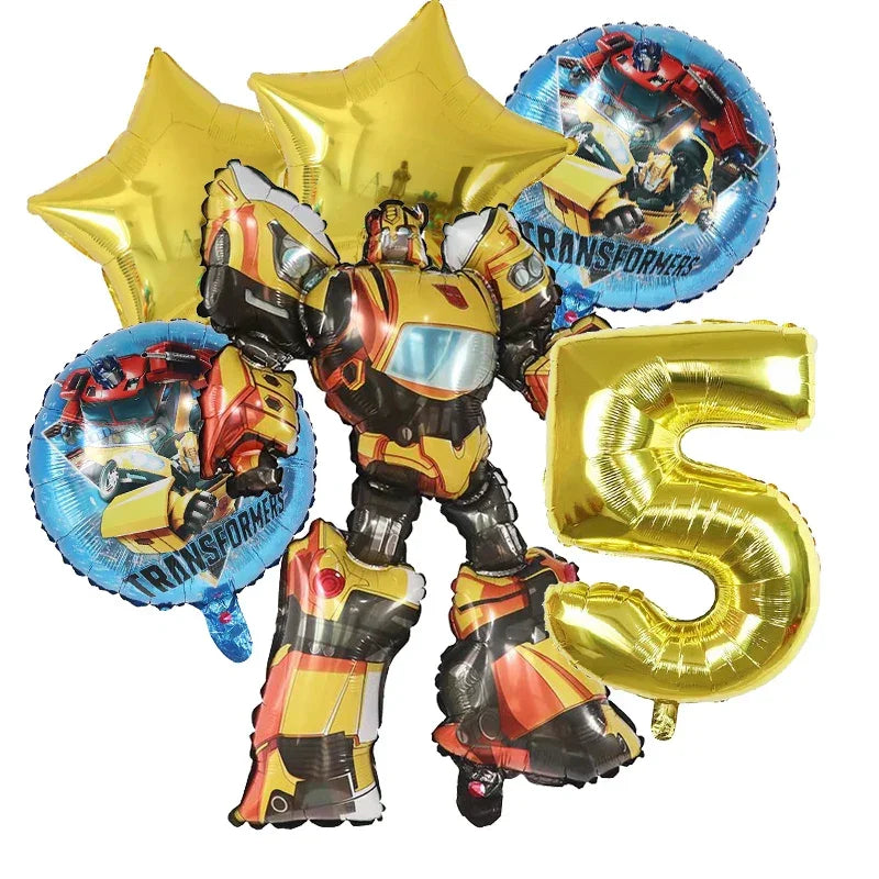 Bouquet de ballons Transformers avec robot jaune, chiffre 5 doré, étoiles et ronds décorés – Transformers.