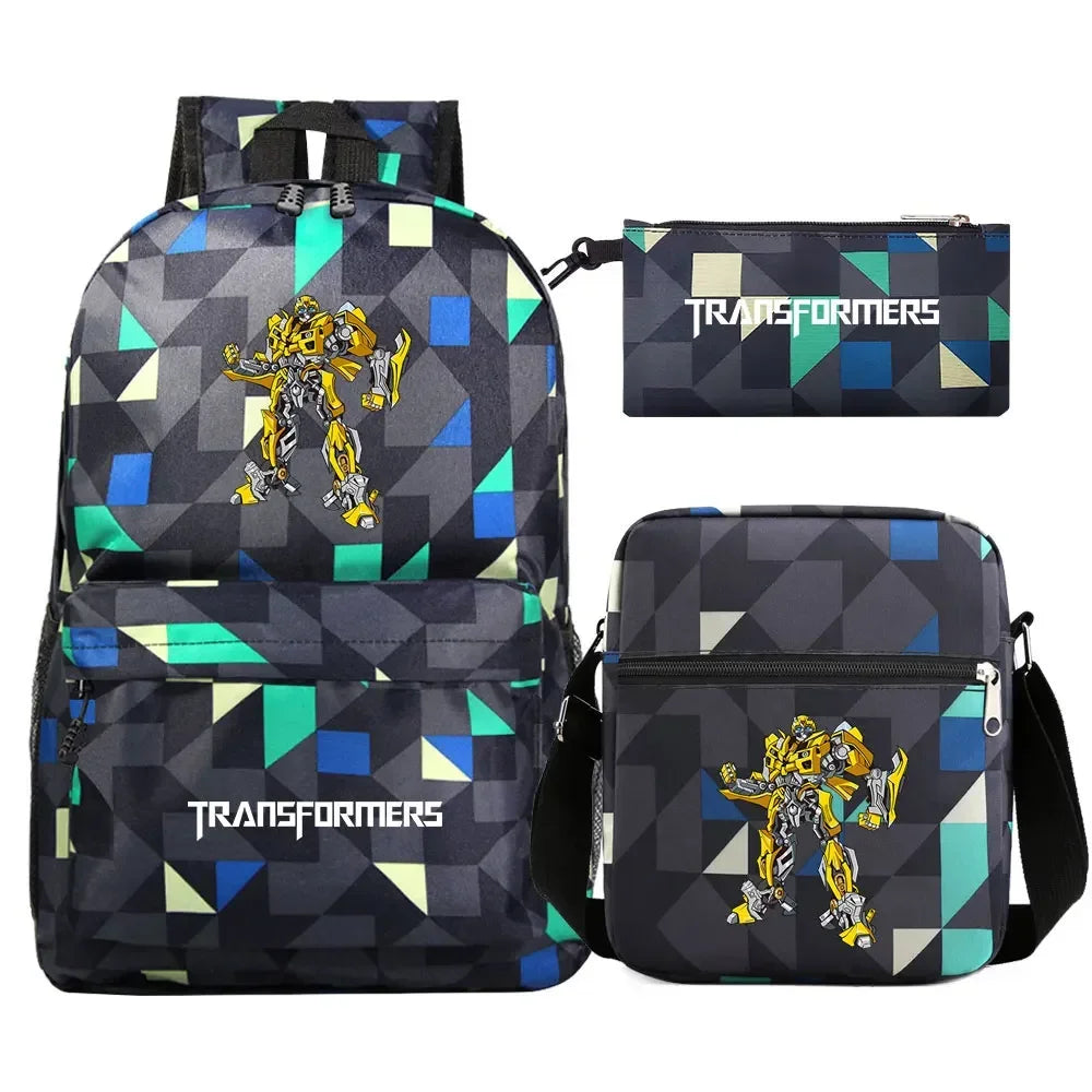 Ensemble sac à dos, sac bandoulière et trousse, motif Bumblebee jaune sur fond géométrique – Transformers.