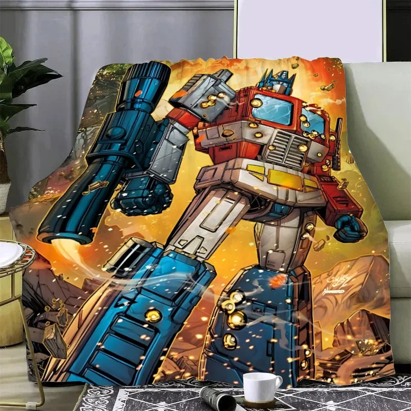 Plaid décoratif Optimus Prime debout en héros, style bande dessinée colorée, fond explosif – Transformers.