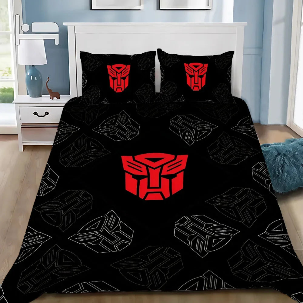 Parure de lit noire avec logo rouge Autobots, oreillers assortis sur lit double – Transformers.