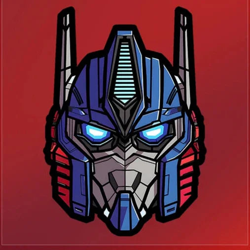 Tête de robot bleu, rouge et gris stylisée, yeux lumineux sur fond rouge – Transformers.