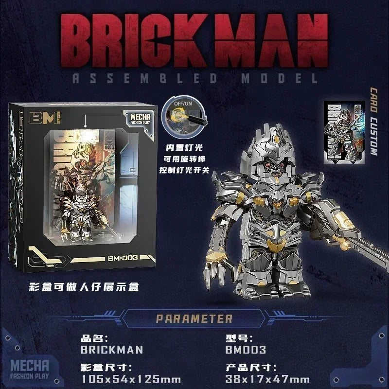 Modèle à assembler Brickman, robot argenté articulé avec épée, boîte et carte sur fond bleu – Transformers.