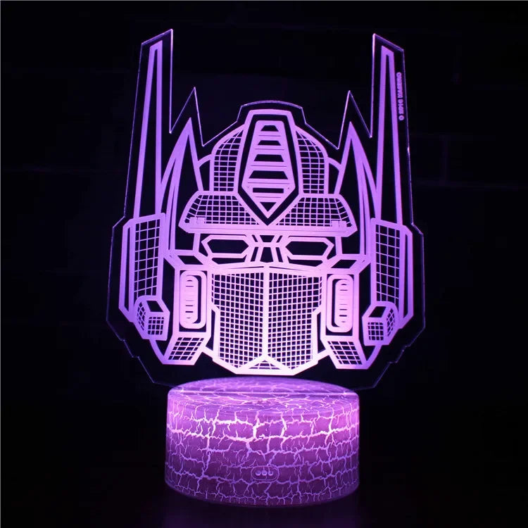 Lampe LED tête de robot stylisée, lumière violette, décor futuriste – Transformers.