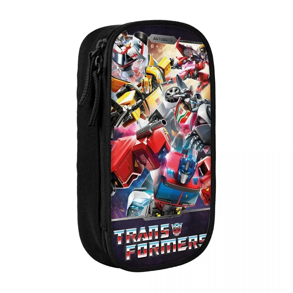 Trousse scolaire noire Transformers avec robots colorés, décor dynamique, logo visible – Transformers.