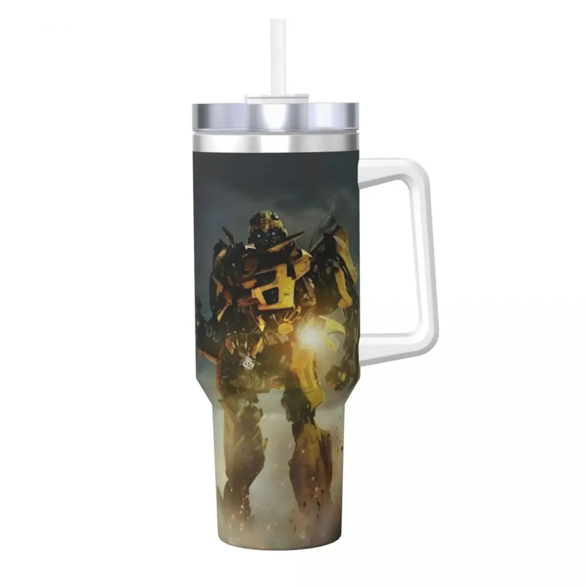 Mug isotherme avec illustration de Bumblebee debout sous la pluie, fond sombre – Transformers.