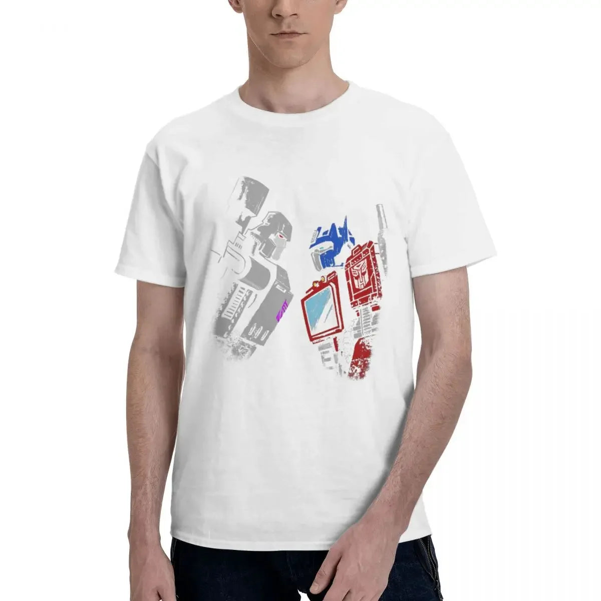 T-shirt blanc homme avec impression Optimus Prime et Megatron style vintage, couleurs rouge bleu gris – Transformers.