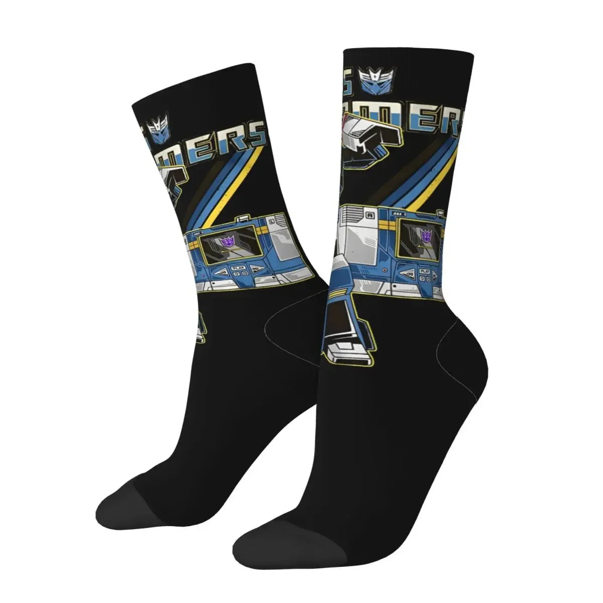 Chaussettes noires avec illustration de Soundwave, détails bleus et motifs rayés – Transformers.
