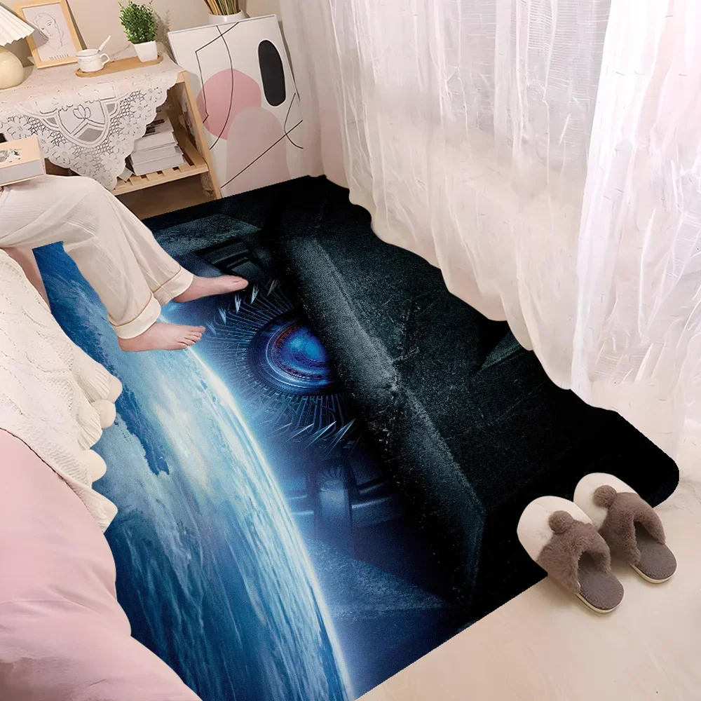 Tapis décoratif Transformers avec œil robot en gros plan, posé dans un salon lumineux – Transformers.