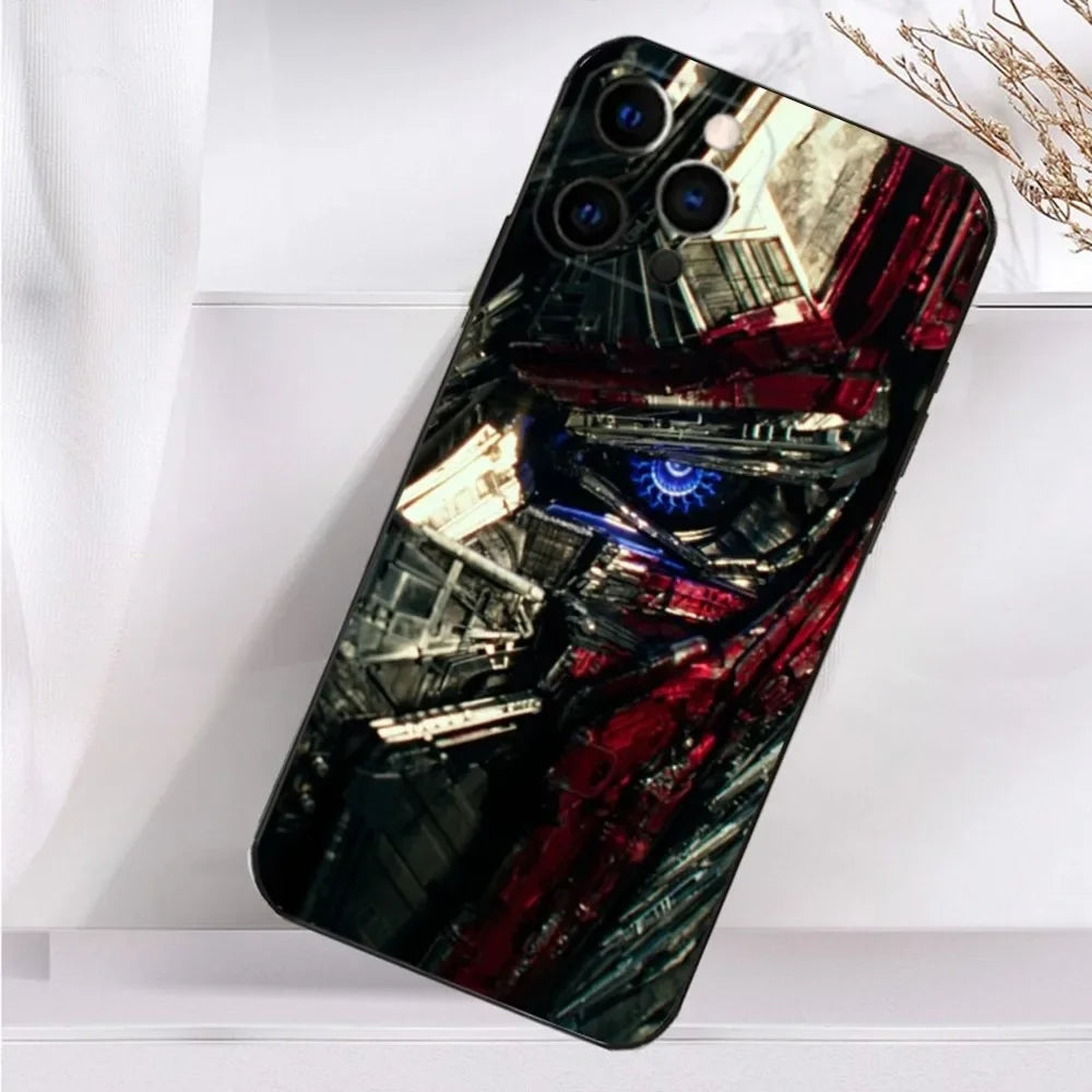 Coque téléphone motif visage robot métallique, œil bleu lumineux, style futuriste – Transformers.