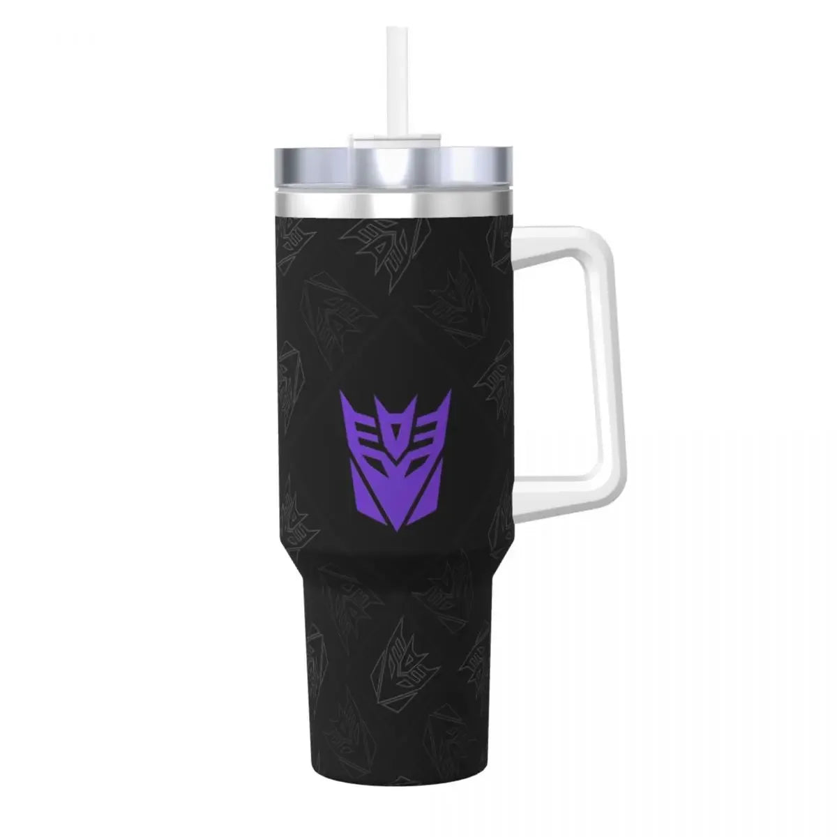 Gobelet noir avec logo Decepticon violet, anse blanche et paille, design moderne – Transformers.