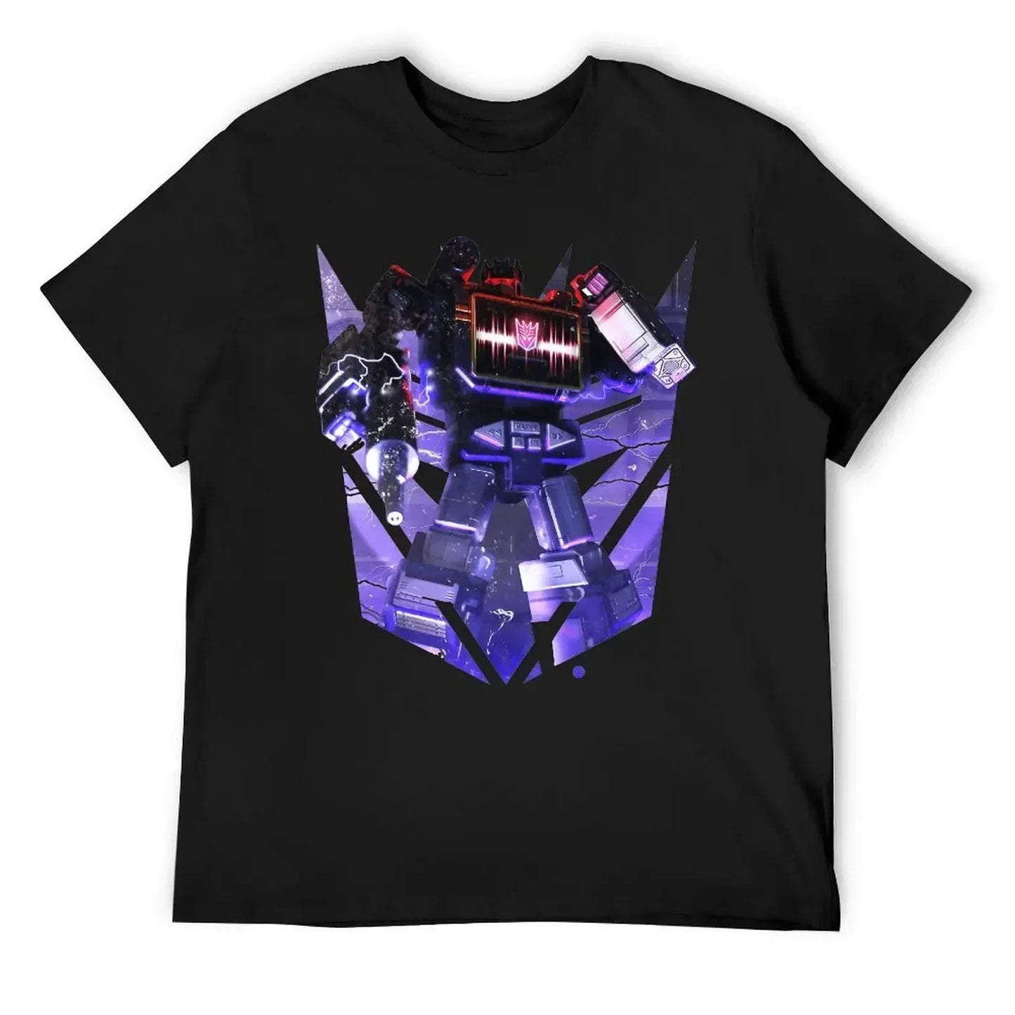 T-shirt noir avec robot Soundwave violet, posture puissante, fond éclairs et logo Decepticon – Transformers.
