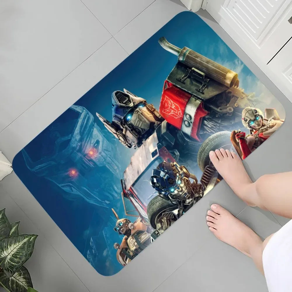 Tapis de bain avec Optimus Prime et robots colorés sur fond bleu, pied nu visible – Transformers.