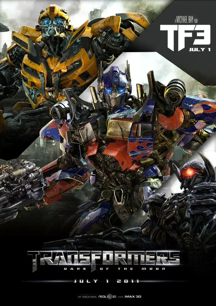 Affiche du film Transformers 3 avec Optimus Prime, Bumblebee et un robot noir en milieu urbain – Transformers.