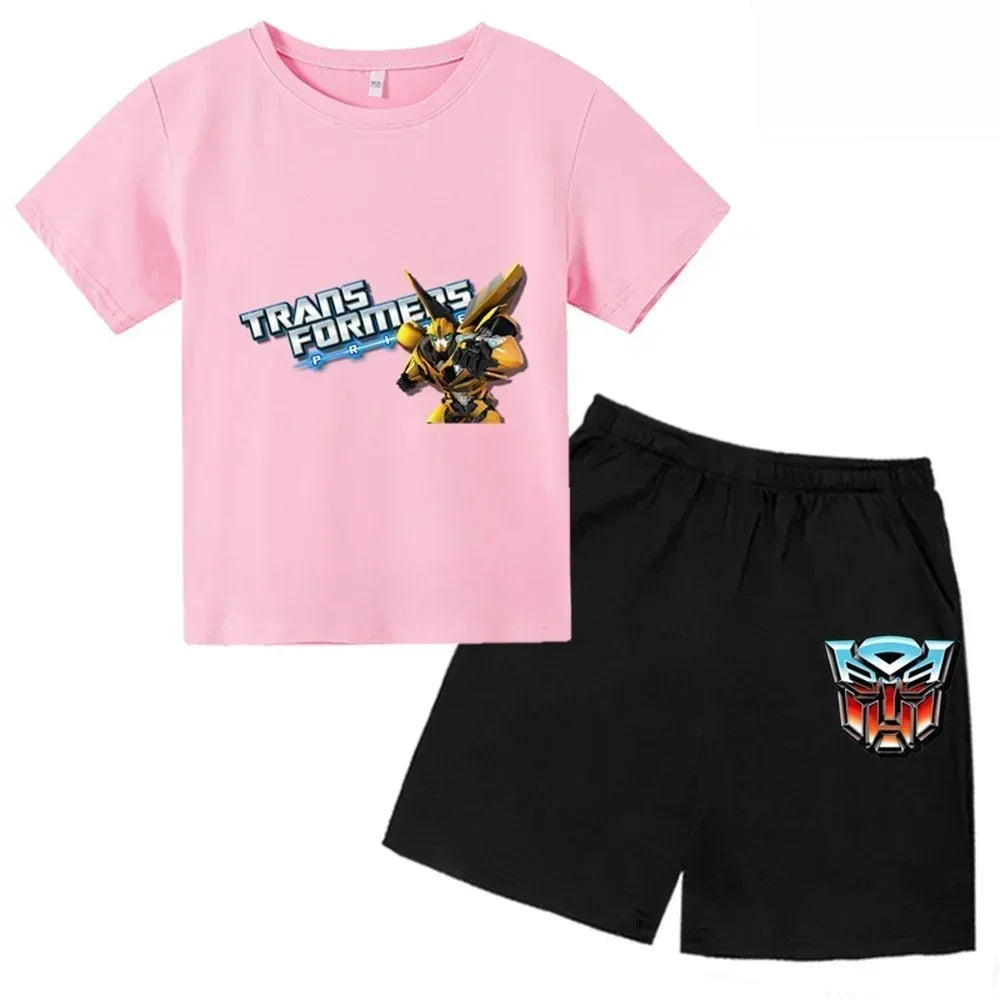 Ensemble enfant t-shirt rose avec robot jaune Bumblebee et short noir logo Autobot – Transformers.