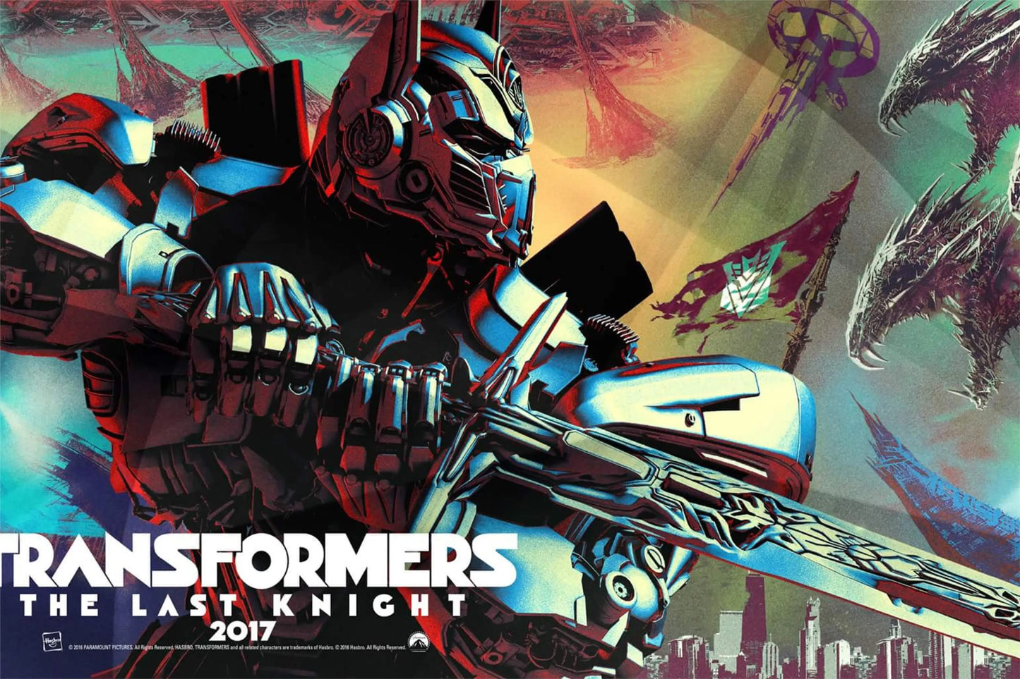 Affiche de Transformers The Last Knight, robot futuriste armé d’une épée devant un décor de bataille – Transformers.