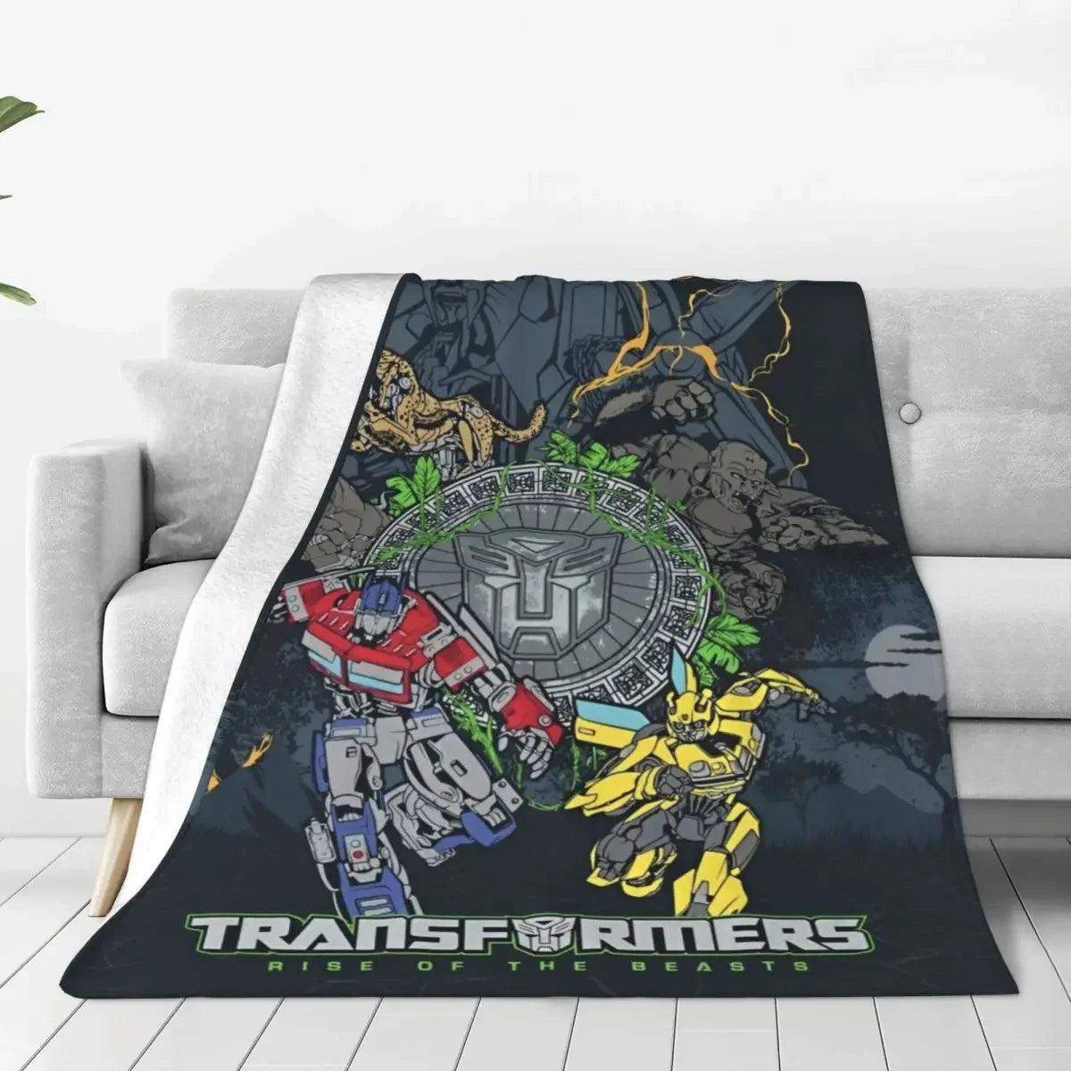 Plaid Transformers Rise of the Beasts avec Optimus Prime, Bumblebee, animaux mécaniques, fond jungle – Transformers.