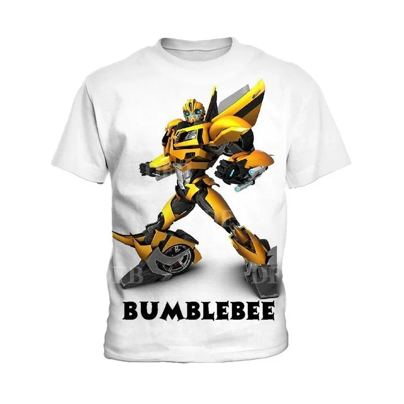T-shirt blanc avec impression de Bumblebee jaune en posture dynamique sur fond neutre – Transformers