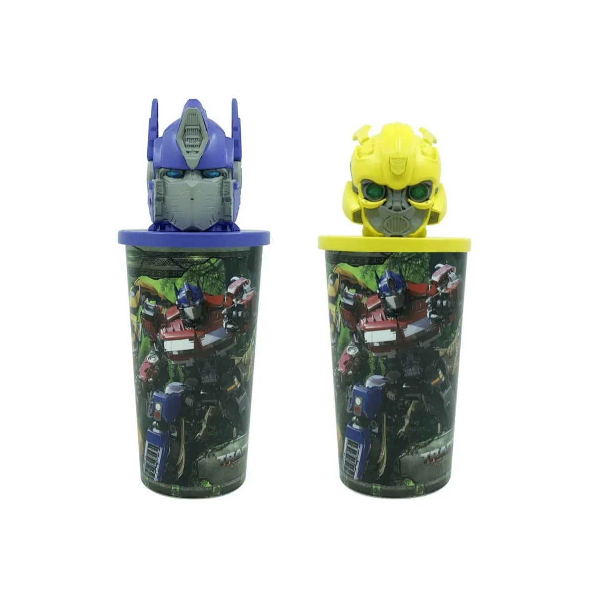 Gobelets décorés Transformers avec couvercles têtes de robots bleu et jaune, fond forêt – Transformers.