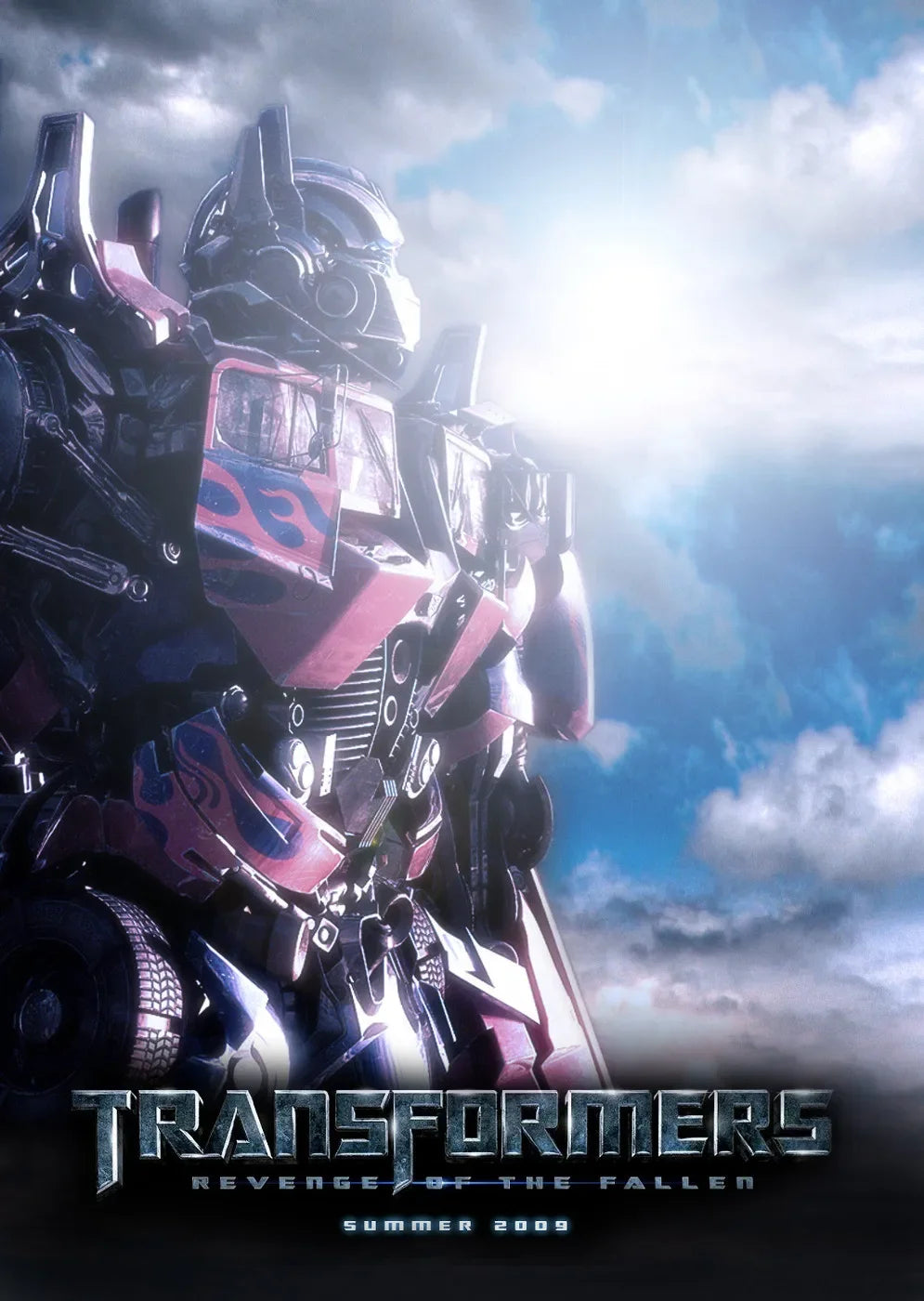 Affiche de film avec un robot humanoïde rouge et bleu se tenant debout sous un ciel nuageux – Transformers.