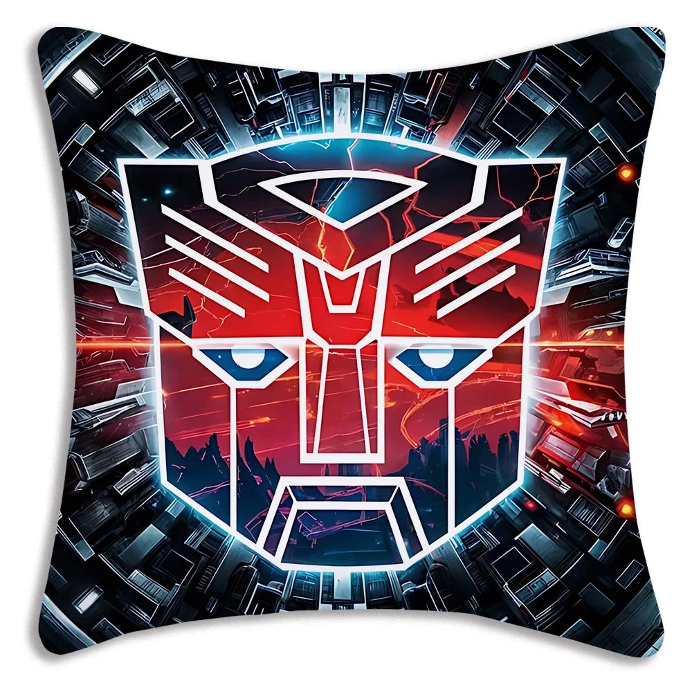 Coussin décoratif avec logo Autobot rouge sur fond futuriste noir et rouge style science-fiction – Transformers.